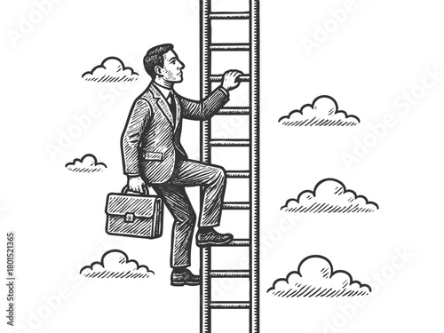 businessman ascending a tall ladder into the sky, symbolizing career growth, ambition, or striving for success sketch engraving generative ai vector illustration. Scratch board. Black and white image.