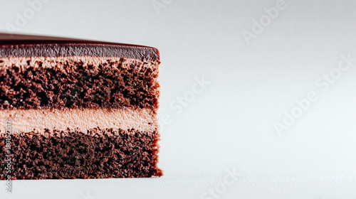 Indulgent chocolate cake slice with creamy filling and glossy ganache topping a delicious treat
