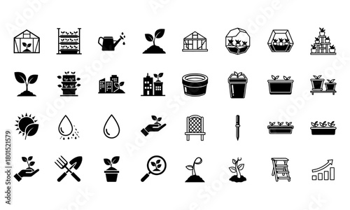 Gardening, urban farming, and growth icons: sustainable agriculture, nature signs