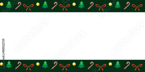 Vector background, frame, border of festive Christmas symbols in flat style. Horizontal top and bottom edging, decoration on theme New Year and xmas