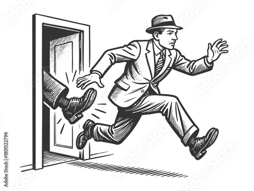 businessman being kicked out of a door, symbolizing job loss, rejection, or sudden dismissal sketch engraving generative ai fictional character vector illustration. Scratch board. Black and white.