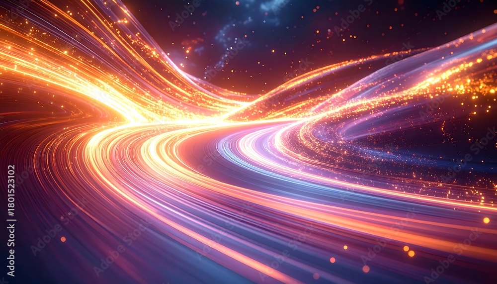 Fototapeta premium Abstract streaks of purple and orange light form a futuristic flowing path against a starry sky