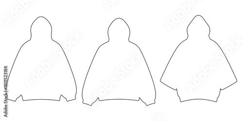 Outline vector set of modern hoodies displayed in multiple front and back views, including pullover and zip-up styles with clean technical linework for apparel design