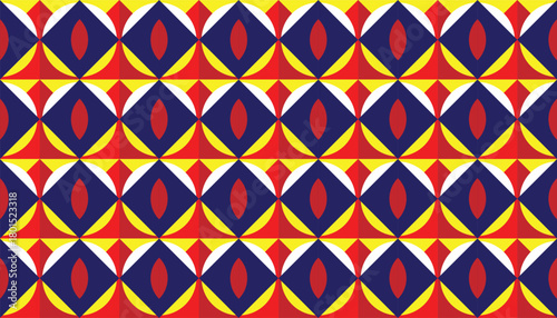 A bold seamless geometric pattern featuring repeating teardrop-shaped motifs in deep navy, bright red, and vibrant yellow. The layered shapes create a rhythmic and dynamic visual flow