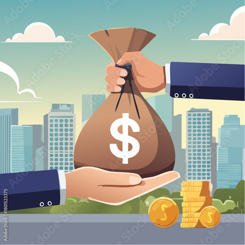 Business exchange connection, hand give sack of money. Flat cartoon vector illustration