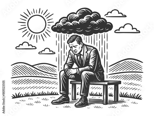 depressed man sitting on bench beneath rain cloud, sunny weather all around, inner sadness sketch engraving generative ai fictional character vector illustration. Scratch board. Black and white image.