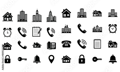 Glyph vector icons set for communication, real estate, security, and time