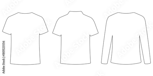Outline vector set of T-shirt, polo shirt, and long-sleeve top illustrated in clean technical front and back views, perfect for apparel design and fashion drafting