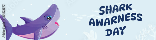 Cute purple shark illustration, Shark Awareness Day text, marine education, ocean wildlife protection, friendly vector character