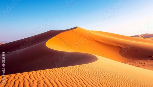 Fototapeta Naklejka Na Ścianę i Meble -  Expansive golden sand dunes stretch across the horizon under a clear blue sky, showcasing the natural beauty of a desert landscape.