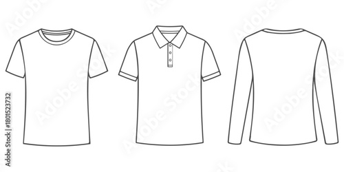 CAD Drawings of various shirt styles including classic T-shirt, polo shirt, and long-sleeve top shown in clean front and back outline views for apparel design
