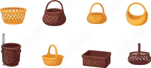Collection of traditional woven baskets in various shapes and colors, handmade wicker craftsmanship illustration for storage, decoration and rustic design