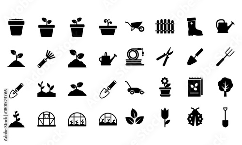 Gardening tools and plants icons set; cultivation, horticulture, agriculture