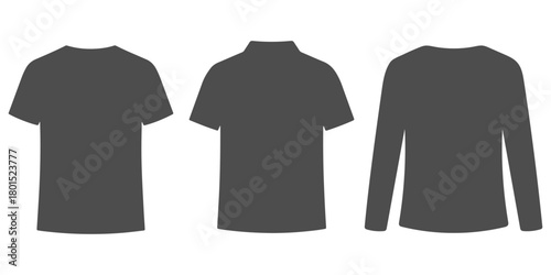 CAD Drawings. Set of three different shirts silhouette, shown in front and back view. Vector illustration.
