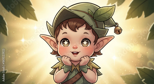 A delightful illustration captures a charming baby dressed as a forest elf, surrounded by lush leaves, radiating joy, isolated on