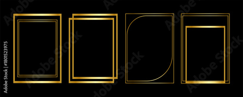 Thin golden frame set. Gold geometric border collection in art deco style. Thin linear shining rectangular shape bundle. Brass glowing shiny boarder element pack for photo, cadre, poster, card. Vector