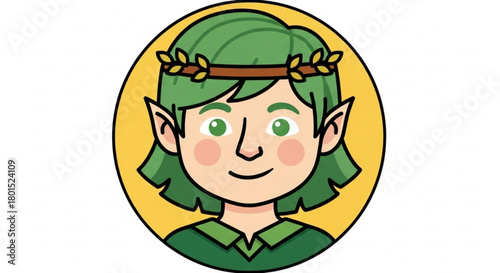 A charming cartoon illustration of a forest elf with green hair and a leafy crown, set against a bright yellow circle background, perfect for childrens books