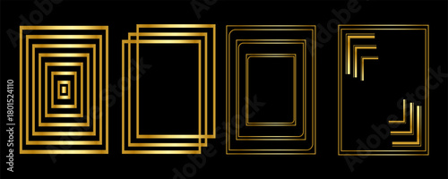 Thin golden frame set. Gold geometric border collection in art deco style. Thin linear shining rectangular shape bundle. Brass glowing shiny boarder element pack for photo, cadre, poster, card. Vector