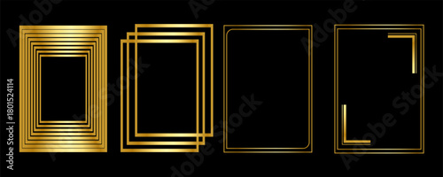 Thin golden frame set. Gold geometric border collection in art deco style. Thin linear shining rectangular shape bundle. Brass glowing shiny boarder element pack for photo, cadre, poster, card. Vector