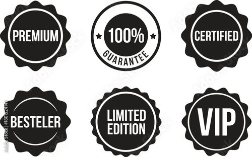 Premium Guarantee Badges. Certified quality labels, bestseller seals, VIP icons, and limited edition emblems