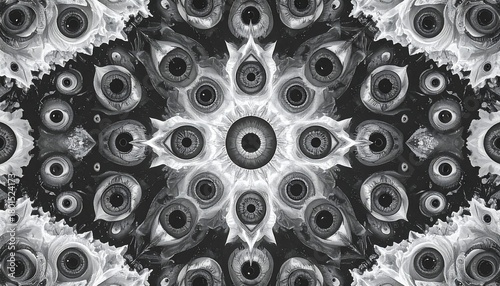 Black and white kaleidoscope pattern composed of numerous eyes of varying sizes