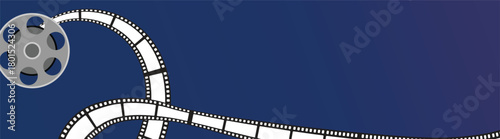 Curved movie filmstrip, cinema reel vector illustration, blue gradient night event, creative entertainment template for media.