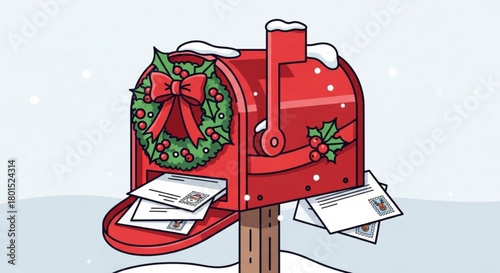 A festive red mailbox adorned with a christmas wreath, overflowing with letters, stands against a snowy backdrop, embodying the holiday spirit