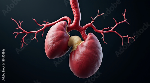Fototapeta Naklejka Na Ścianę i Meble -  Realistic 3d illustration of human lungs with bronchial tubes and trachea showing detailed texture and structure
