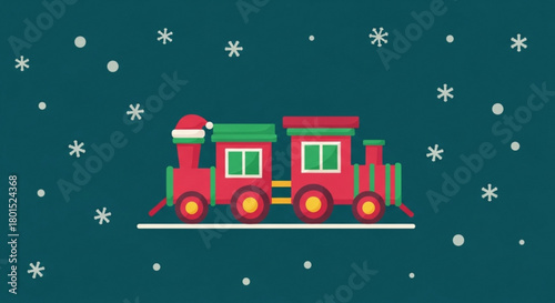A charming christmas train with a red locomotive and a festive wagon, adorned with a santa hat, travels through a snowy wonderland, spreading holiday cheer