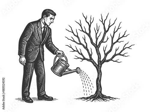 Businessman pouring water onto lifeless, leafless tree sketch engraving generative ai vector illustration. Scratch board. Black and white image.