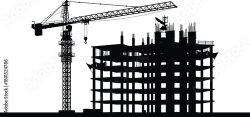 Construction site silhouette with tower crane lifting materials beside multi-story building framework, showcasing industrial development, urban growth, and civil engineering activity