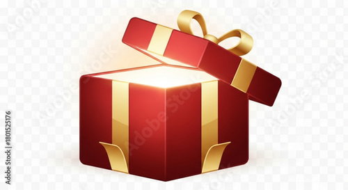 A red gift box with a golden ribbon and bow, isolated on, emitting a bright light, perfect for a magical surprise