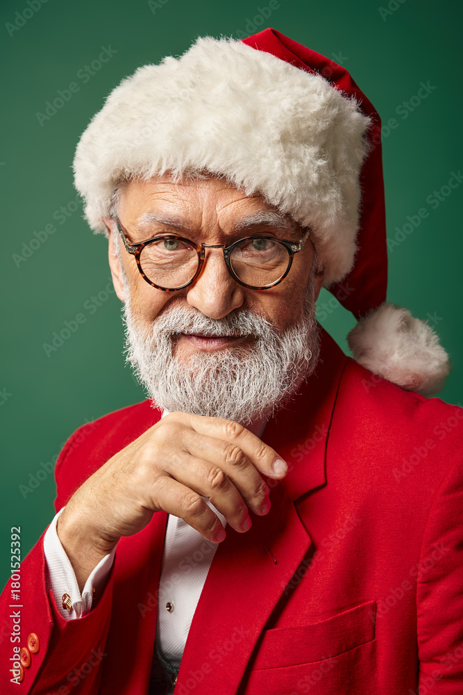 Naklejka premium Elderly man in a festive red suit and Santa hat, showing joy and warmth during winter celebrations
