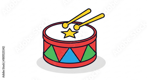 Illustration of a vibrant drum with drumsticks and a star, ideal for childrens books, educational resources, or music themed designs isolated on