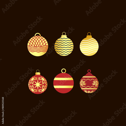 Set of Six Golden  Christmas Ornaments Holiday Balls Decoration Collection