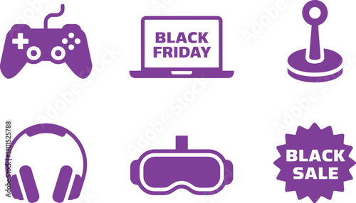 Gaming Sale Icons. Purple tech silhouettes including controller, VR headset, headphones, laptop, joystick, and Black Friday badges
