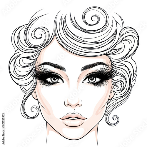 Elegant Woman with Voluminous Curly Hairstyle and Dramatic Eyelashes.