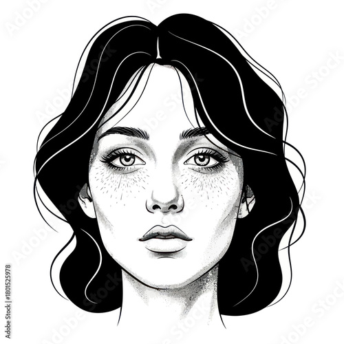 Detailed Portrait of a Woman with Freckles and Wavy Hair.
