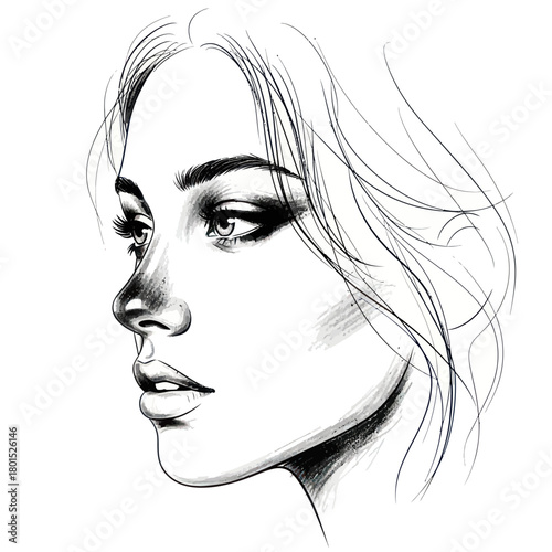 Elegant black and white line art sketch of a beautiful womans face.