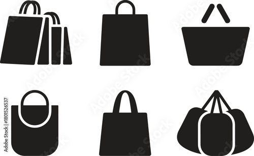 Shopping Bag Icons. Retail tote silhouettes, paper bag shapes, and reusable shopping bag vector graphics