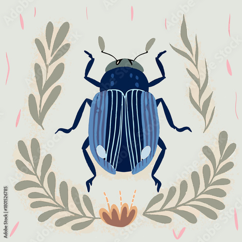 Vibrant Green Blue Beetle Illustration - Macro Nature Wildlife