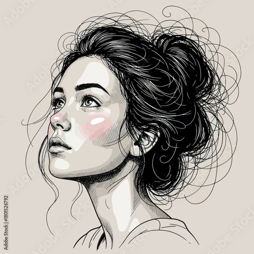 Portrait of a young woman looking upwards with messy hair.