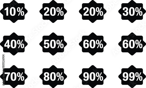 Discount Percentage Badges. Sale labels from 10% to 99%, promotional discount icons for marketing design