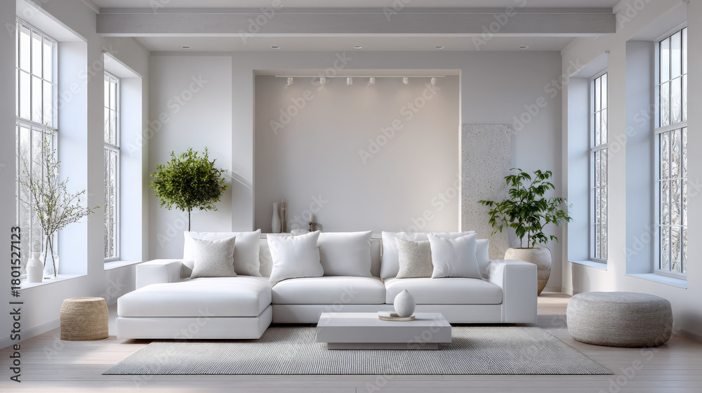 Fototapeta premium Modern minimalist living room with white sofa and large windows in natural light