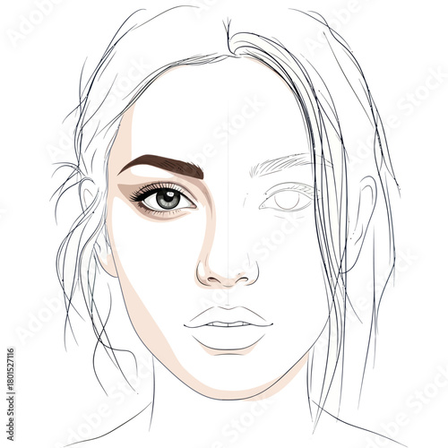 Half-finished makeup face chart for beauty and fashion.