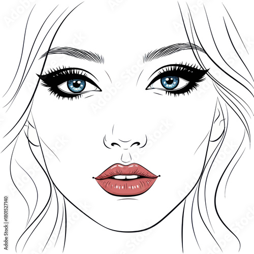 Beautiful woman face with makeup and detailed features, front view.