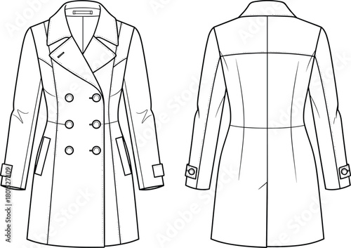 Elegant double-breasted women’s trench coat fashion flat sketch, technical garment drawing with detailed front and back design elements for apparel production