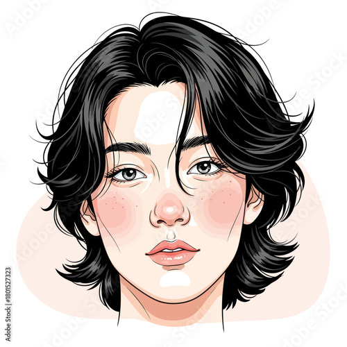 Illustration of a handsome young person with wavy black hair.