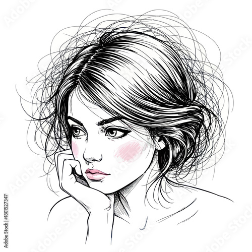 Beautiful Woman Portrait Sketch with Pink Blush and Tousled Hair.