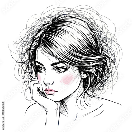 Hand drawn sketch of a beautiful thoughtful woman with messy hair.
